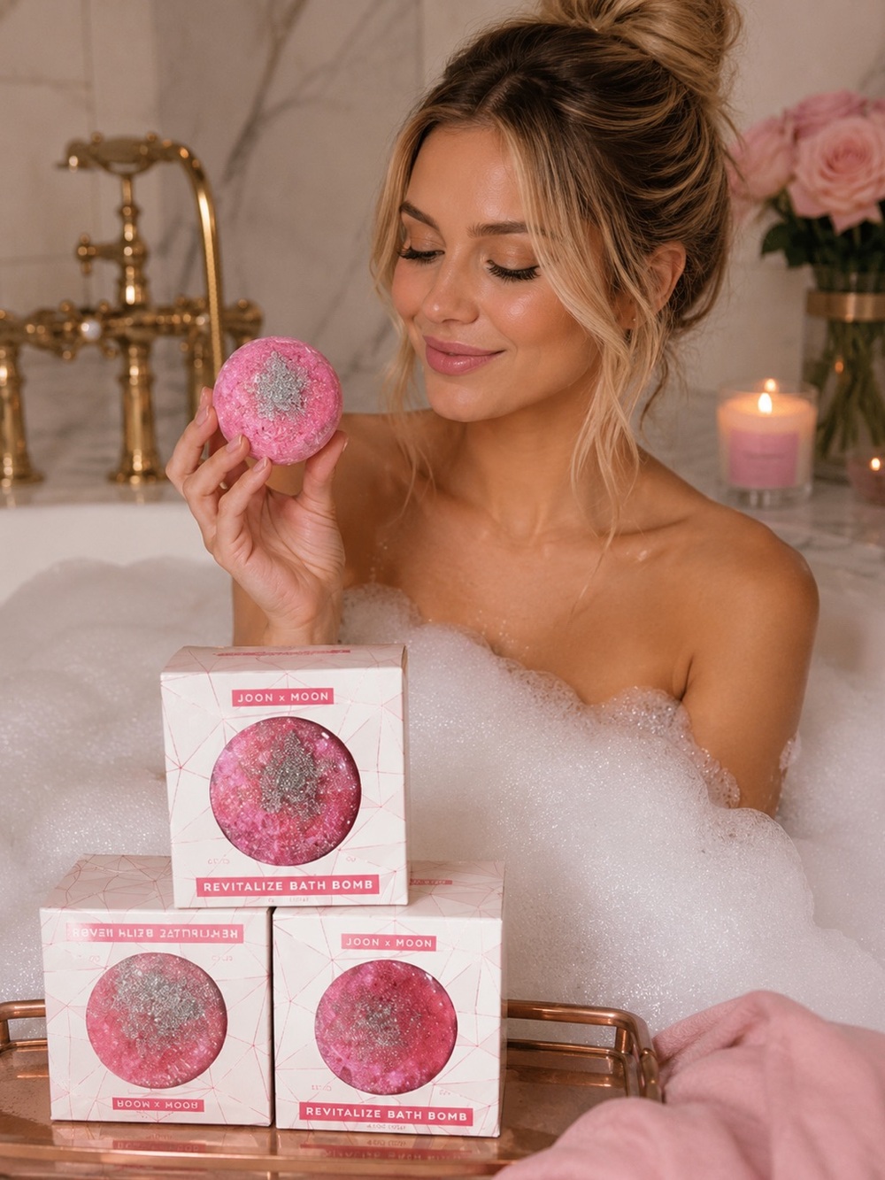JOON X MOON REVITALIZE GEODE BATH BOMB LOT OF 3 SHIMMERING PINK CHAMPAGNE SCENT